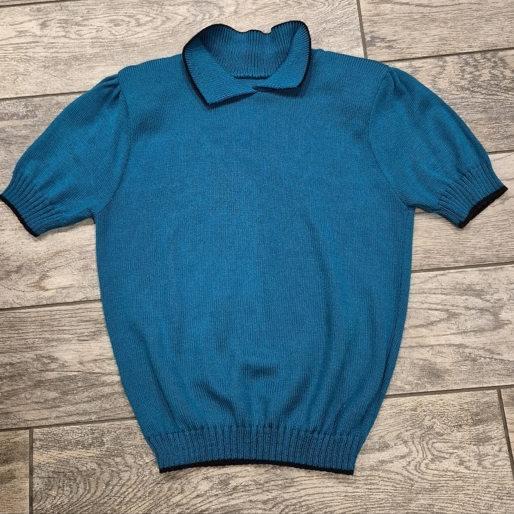 Vintage Teal Puff Sleeve Knit Top Black Contrast Trim Collared Made in USA